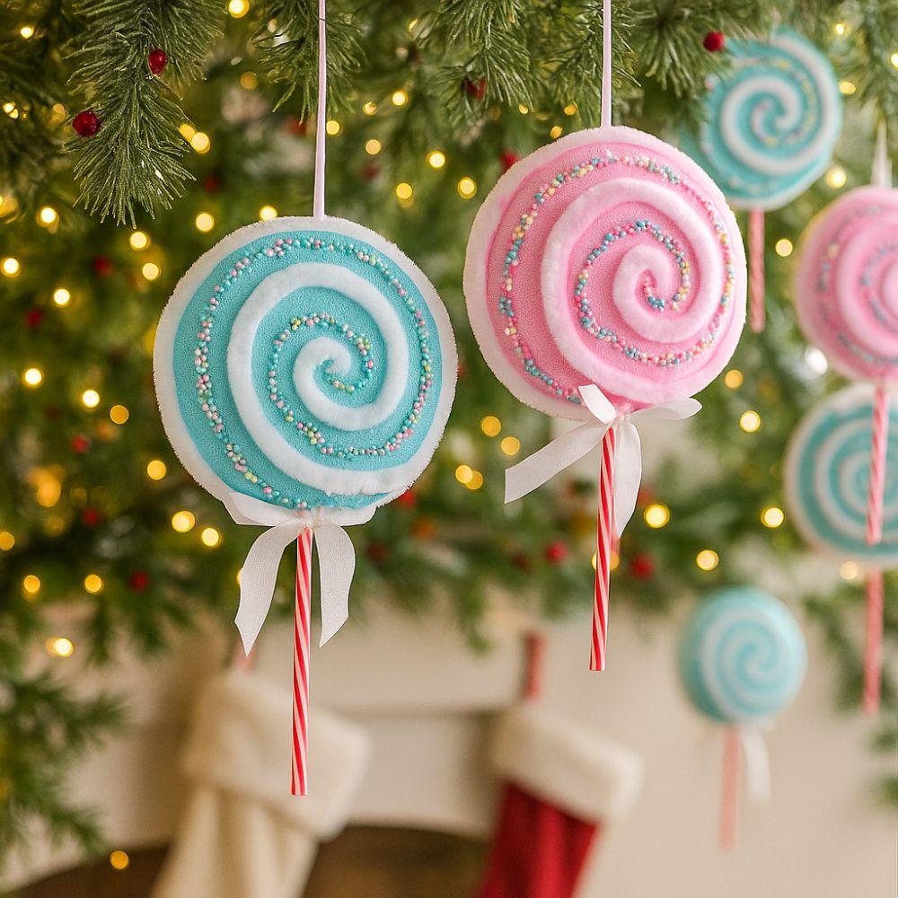 Decorative Colorful Christmas Macaron Lollipop Foam Cartoon Lollipop Branches Bow Hanging Xmas Tree Decor Favor