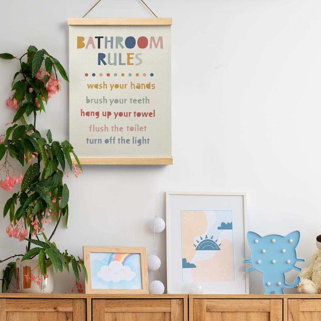 Ryeolo Kids Bathroom Wooden Poster Hanger Frame 12.5x17 Inch, Rules Wall Art Decor for Toddler Boy Girl, Colorful Decor