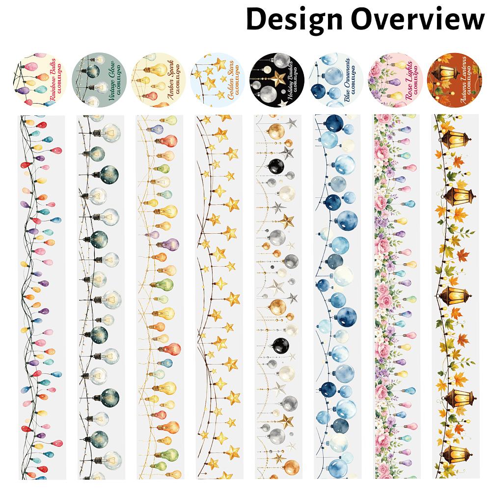 8 Rolls 8 Styles PET Self Adhesive Stickers Roll Decorative Stickers Roll Mixed Shapes 50mm 1roll/style 2m/roll