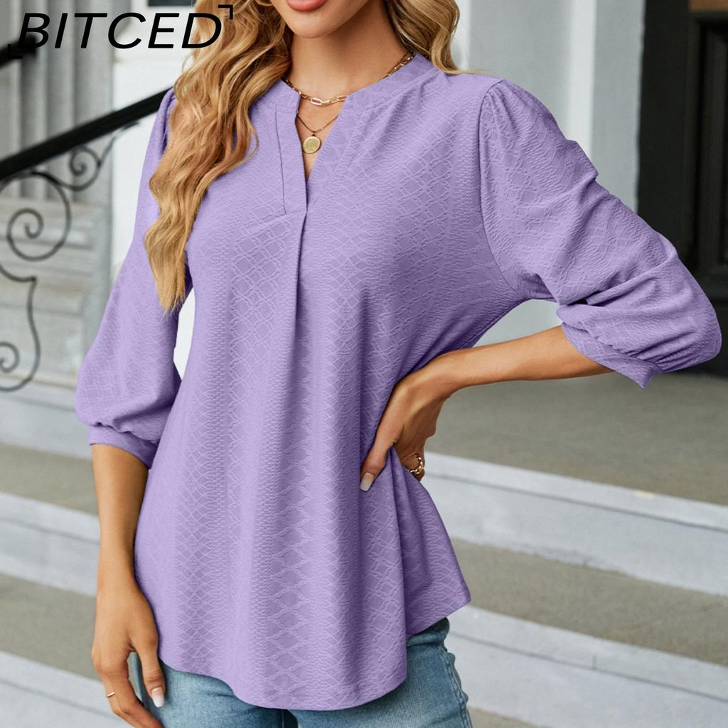 BITCED Jesień/Zima Damski Jednokolorowy T-shirt Top z Koronkowym Kołnierzykiem Żakardowy z Długim Rękawem Luźny