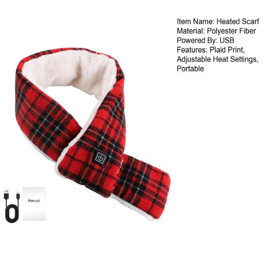 Heated Scarf with USB Power Supply Plaid Print Adjustable 3 Heat Settings Neck Heating Pad Portable Electric Heated Neck Warmer