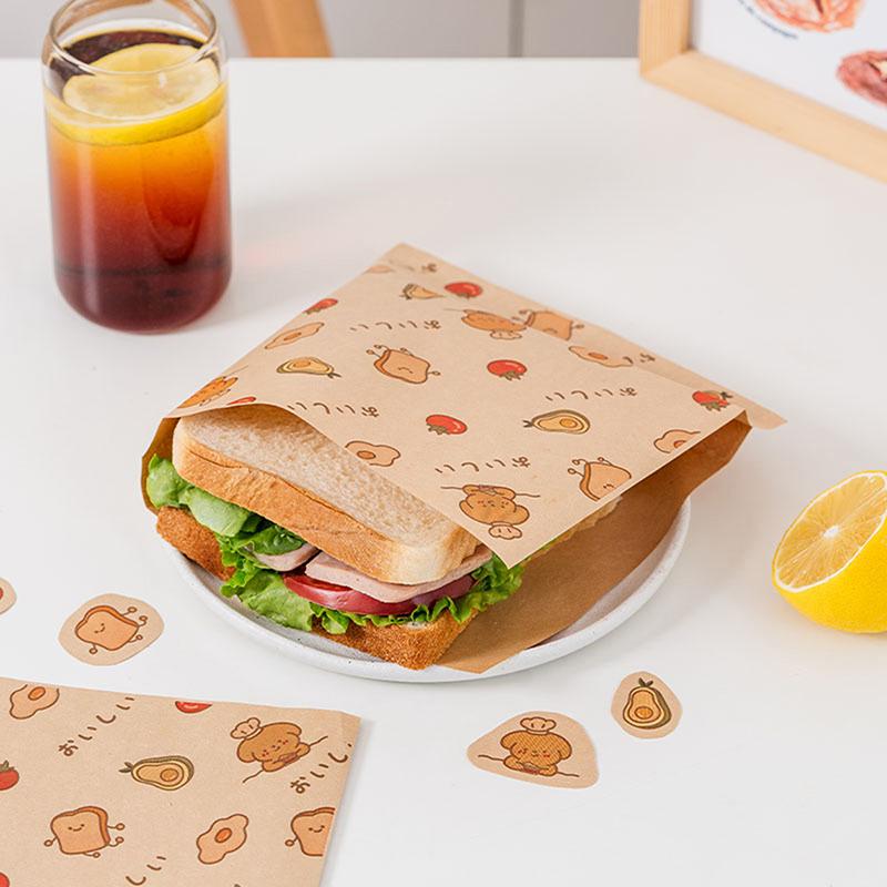50Pcs Cute Cartoon Square Wax Paper Sandwiches Burgers Fries Fried Wrappers Bags Waxed Paper Baking Paper Food Packing Pouches