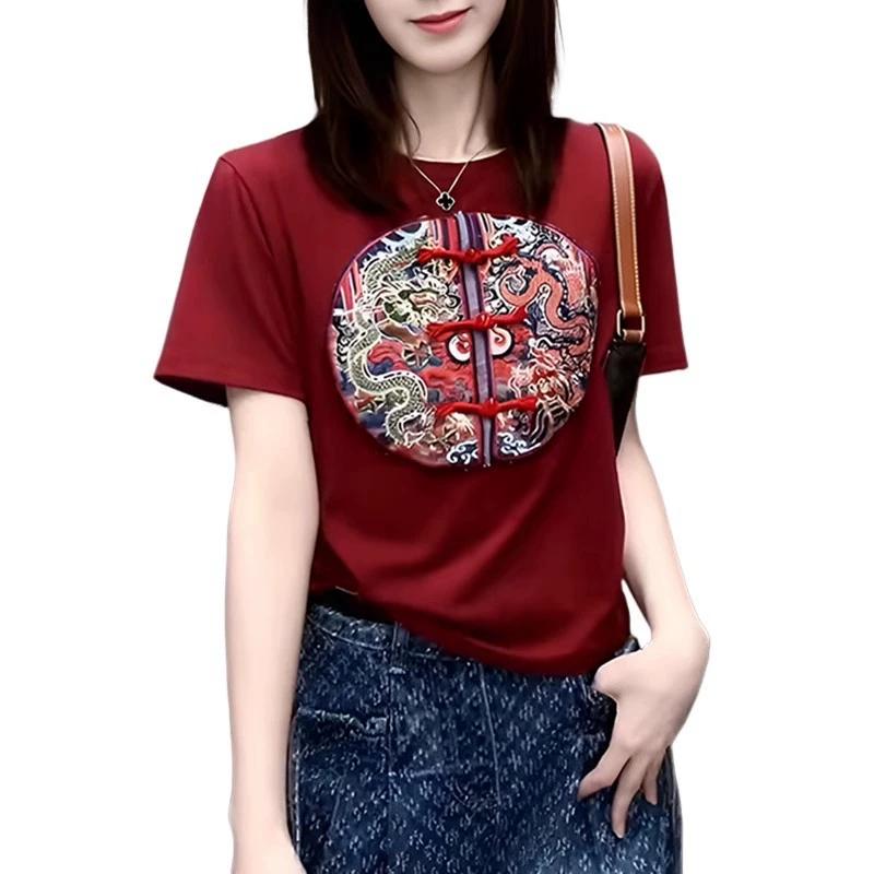 Summer Chinese Style Vintage Embroidery Frog T-shirt Ladies Loose Casual Fashion Short Sleeve Tee Top Women Pullovers