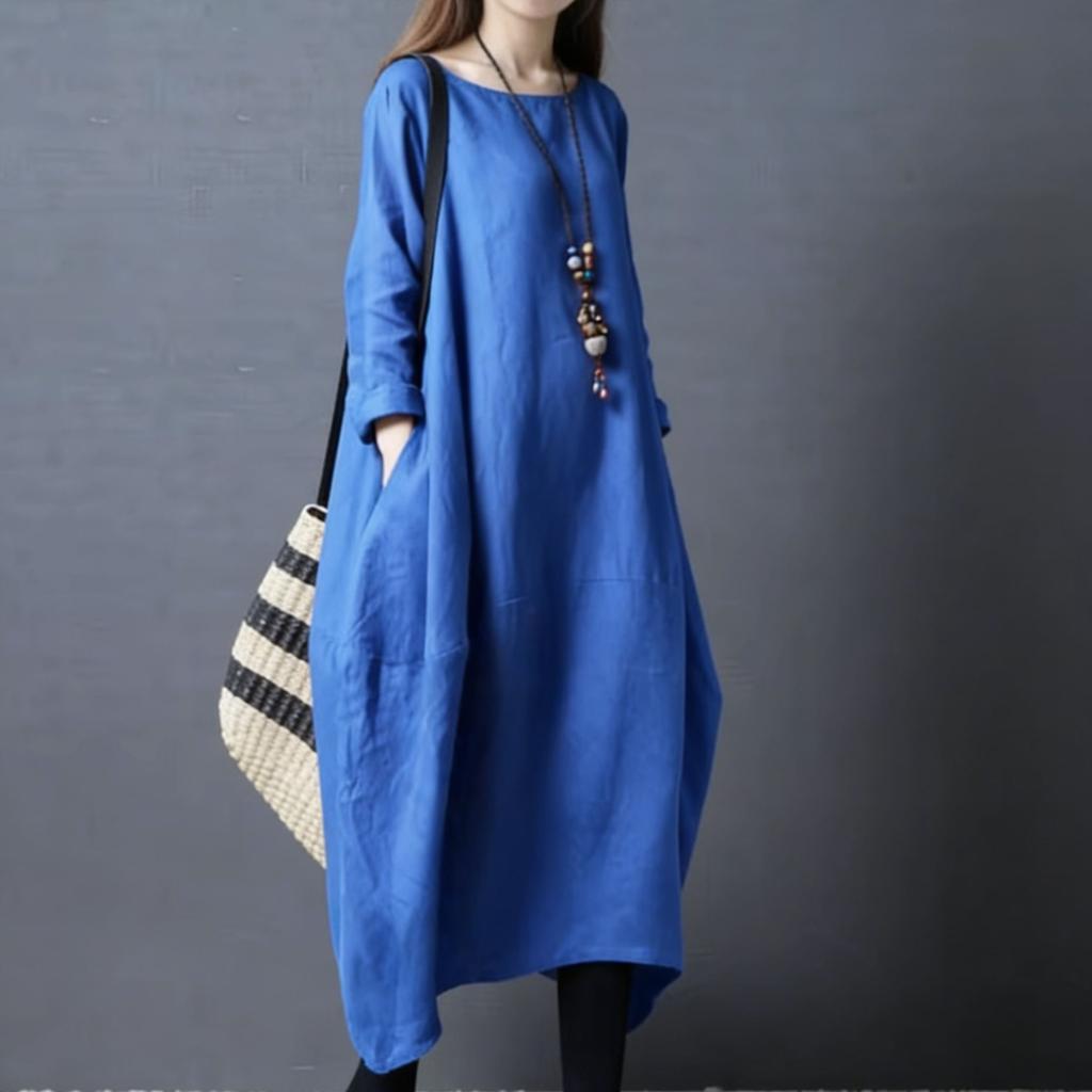 Women's Crew Neck Long Sleeve Midi Dresses Loose Fit Solid Color Casual Swing Dress Summer Dresses