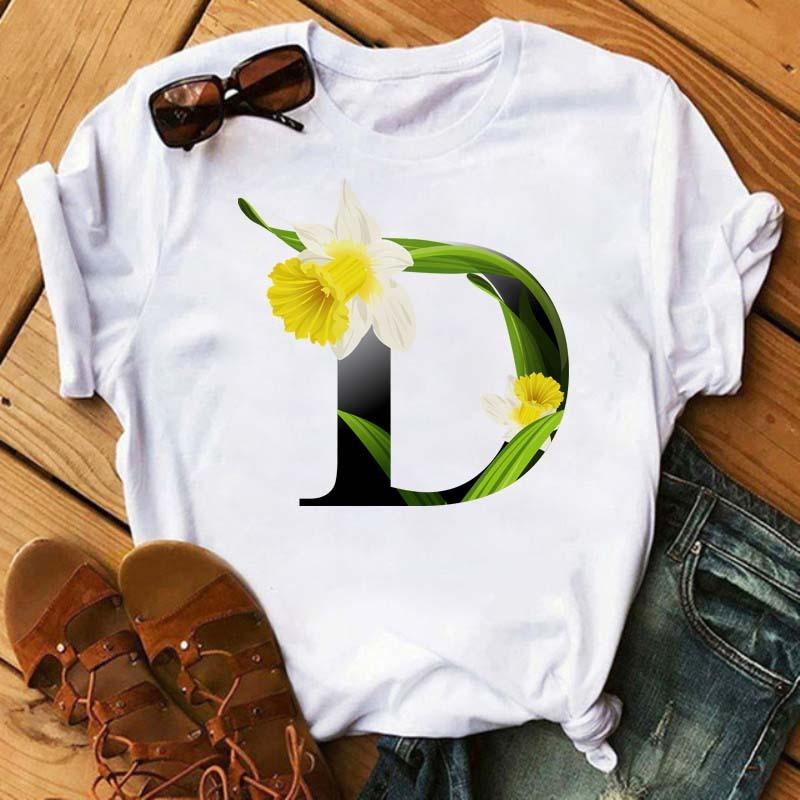 Womens Short Sleeved Tshirt with Floral Letter Print Top with Floral Pattern Casual Natural and Fashionable Daily WhiteTshirt