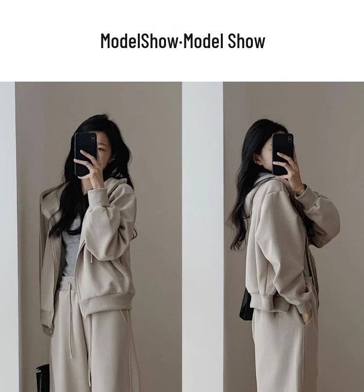 Women's Hong Kong Style Autumn-Winter Casual Sweatshirt & Wide-Leg Pants Set - Age-Reducing, Slimming, Hooded Two-Piece for Running