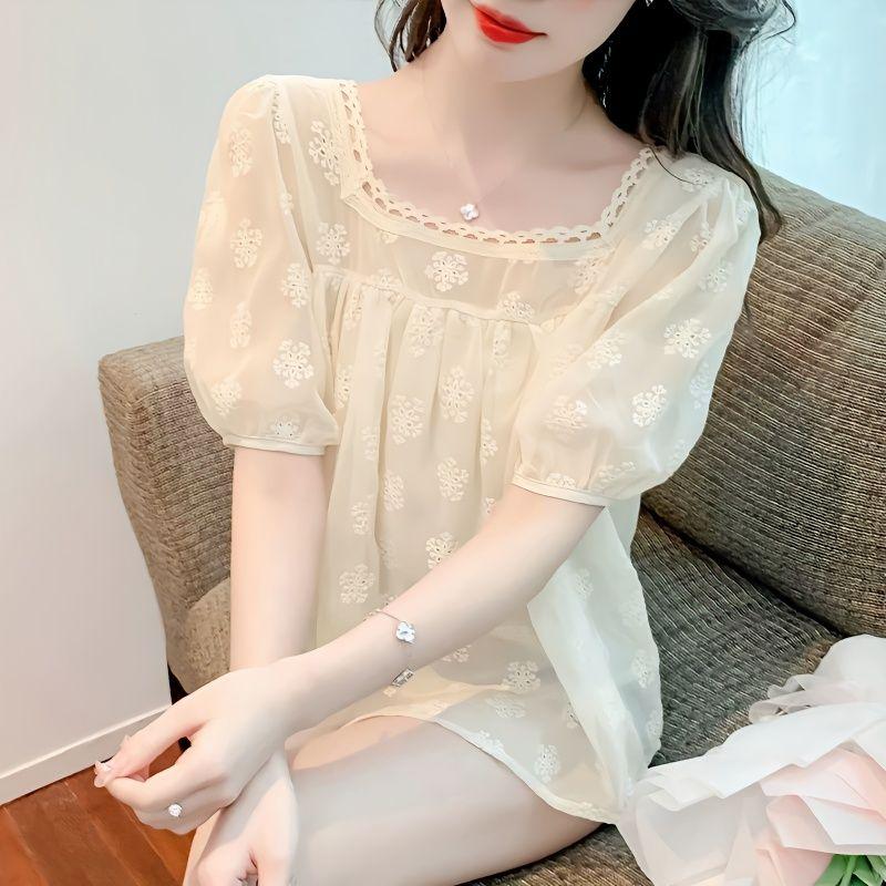 Summer Elegant Square Collar Shirt Sweet Hollow Out Embroidery Women's Loose French Style Puff Sleeve Spliced Folds Blouse