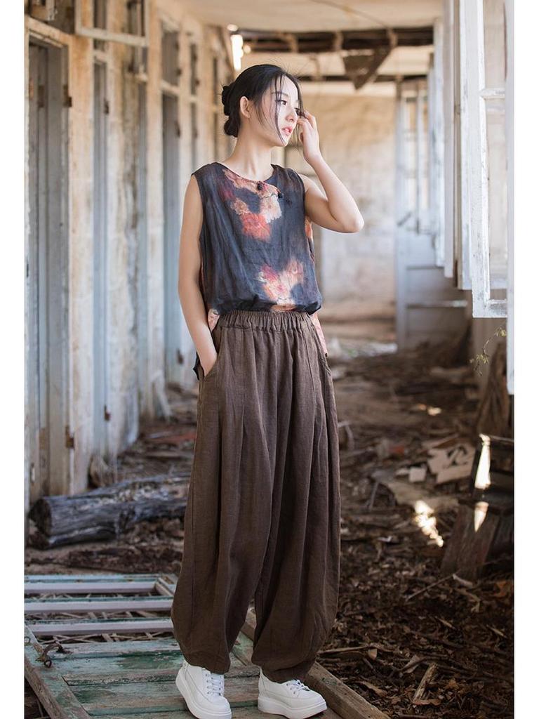 Ramie Distressed Cotton-Linen Women's Retro Lantern Pants