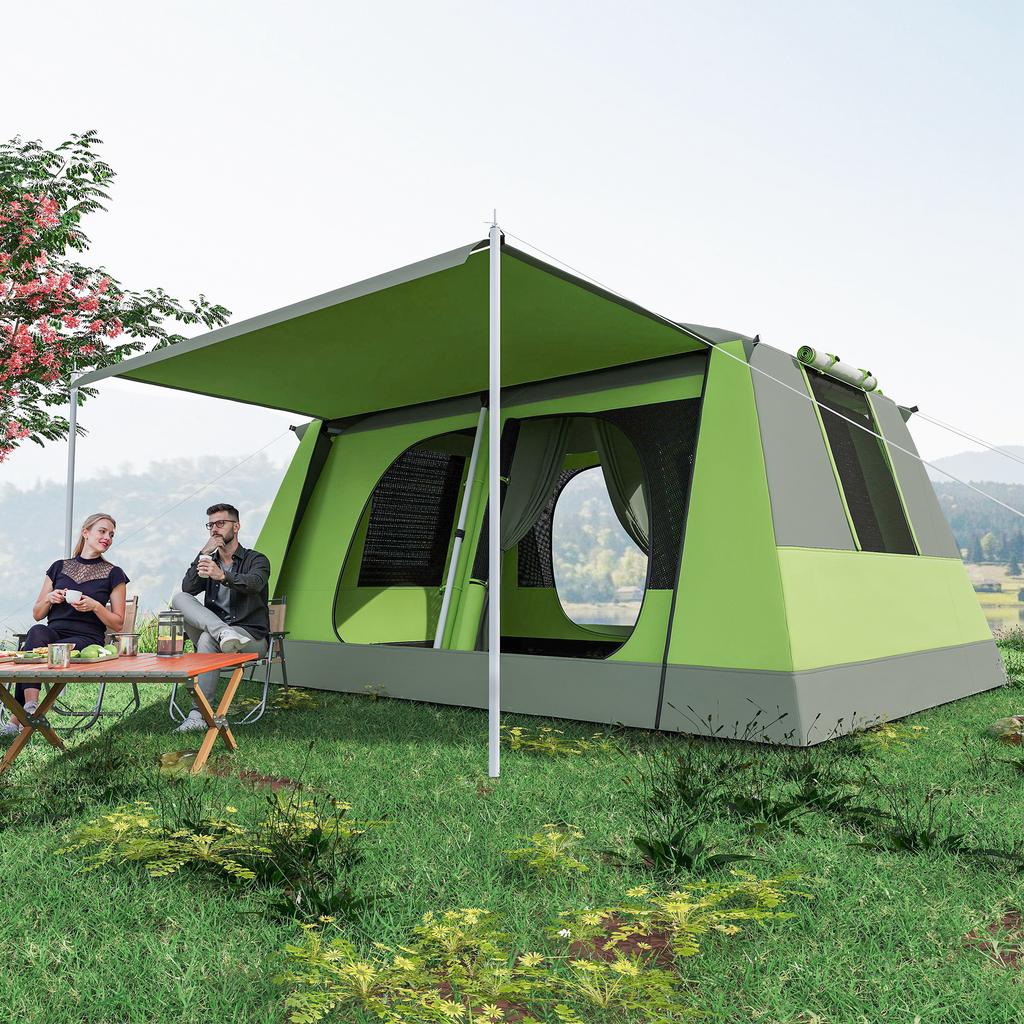 Tunnel Tent Camping Shelter W/ Porch, Two Rooms, Lamp Hook, Portable Carry Bag