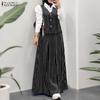 ZANZEA Women Splice Long Sleeve Blouse and Long Skirts Stripe Print Two Piece Sets