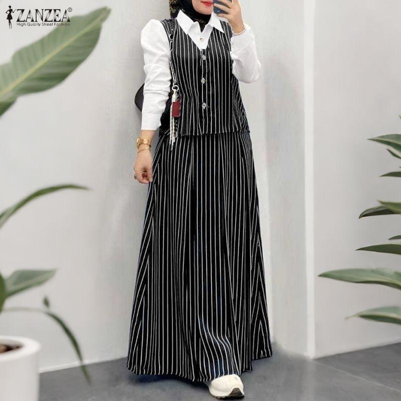 ZANZEA Women Splice Long Sleeve Blouse and Long Skirts Stripe Print Two Piece Sets