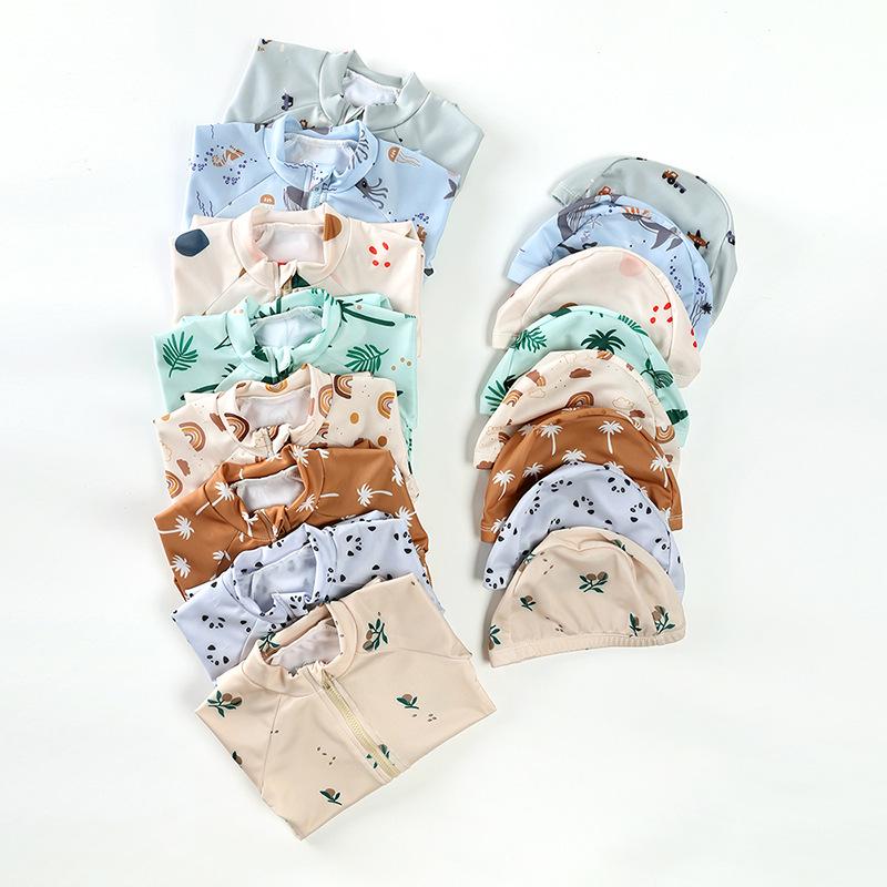 Kids' Floral One-Piece Swimsuit with Zipper and Swim Cap - Boys and Girls' Modest Design