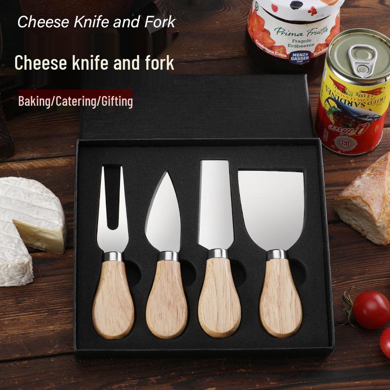 Käsemesser-Set aus Edelstahl mit Griff aus Gummibaumholz: Enthält Messer, Gabel, Pfannenwender und Buttercrememesser.