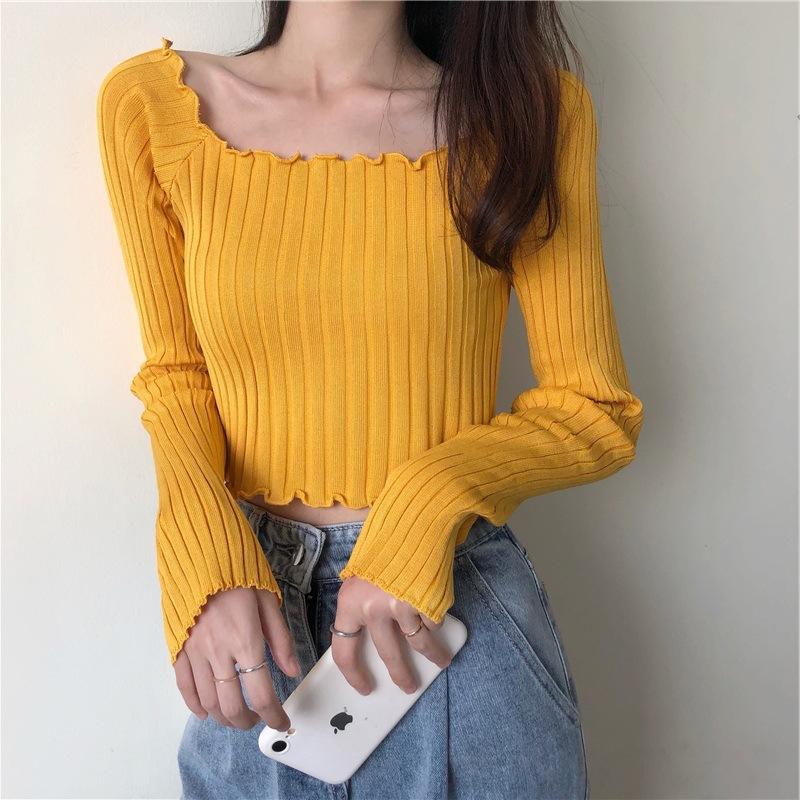 Autumn New Slim Fit Slimming One Shoulder T-shirt for Women Short Knit Sweater, Long Sleeved Top Sweaters