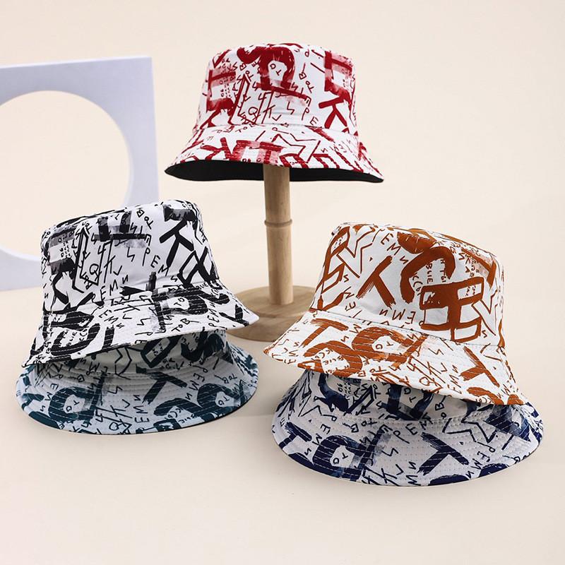 Cotton Blend Summer Fisherman Hat Letter Print Wide Brim Sun Protection Wind