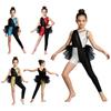 Salopetă Jazz Dans Fete Strălucitoare cu Paiete Bloc de Culoare Body Asimetric cu Fustă din Tulle cu Pene