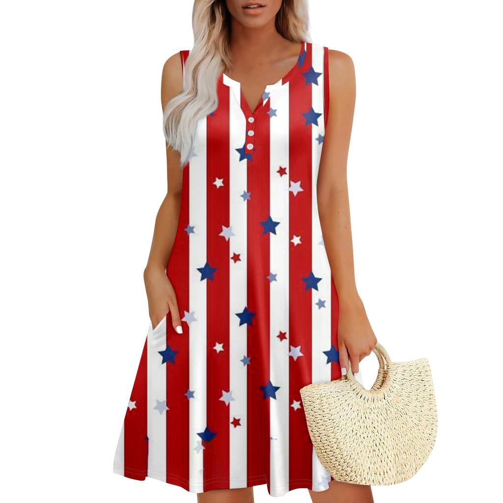 Women's Summer Casual V-Neck Floral Independence Day Button-Down Dress With Pockets