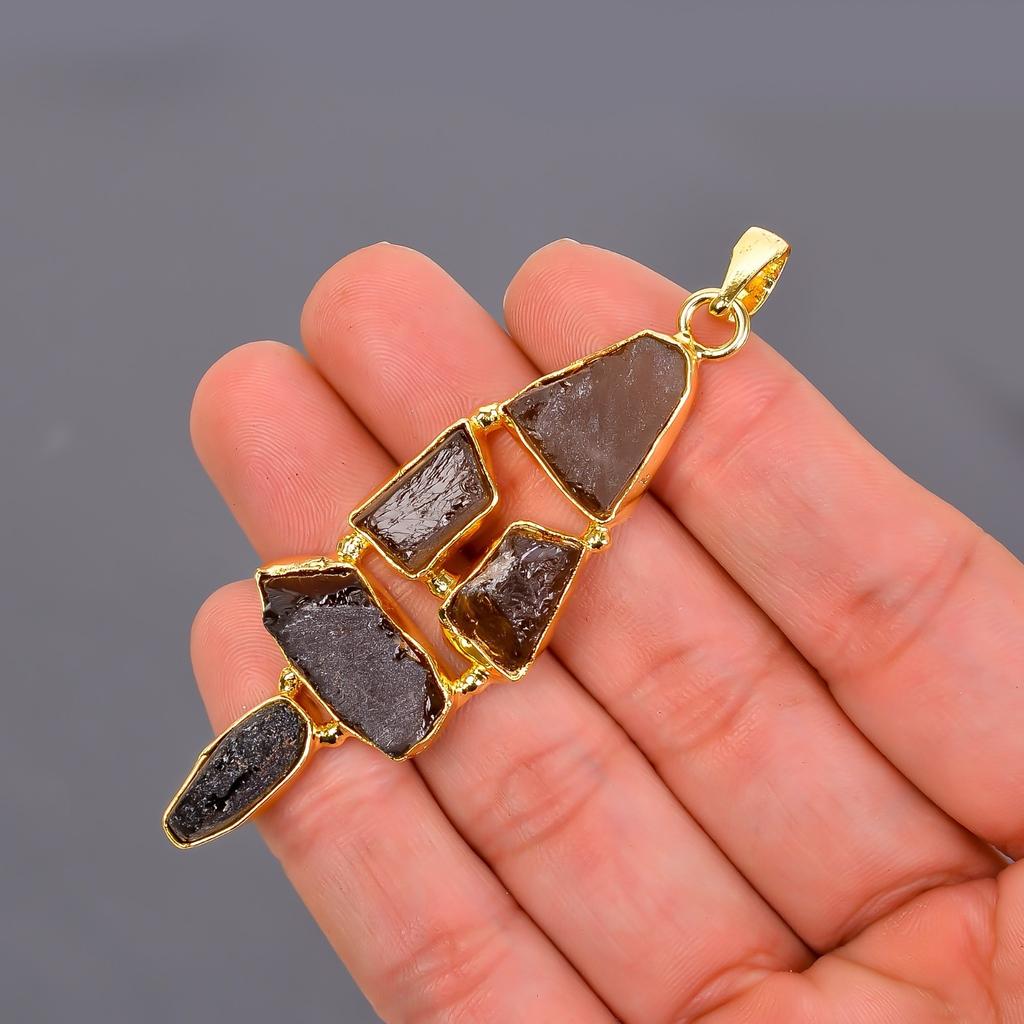 Fancy Natural Smoky Quartz Gold Finish Anniversary Electroformed Pendant Jewelry V-117