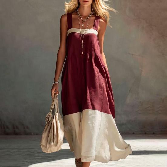Huaqianguhh Summer Sleeveless Maxi Dress for Women, Color Block Square Neck A-line Long Dress, Casual Flowy Beach Vacation Sundress
