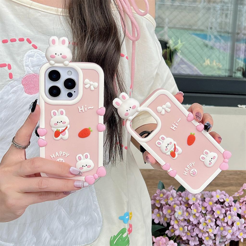 For iPhone 16 Pro Max Silicone Case Cute 3D Cartoon Carrot Rabbit Design Shockproof Phone Back Cover