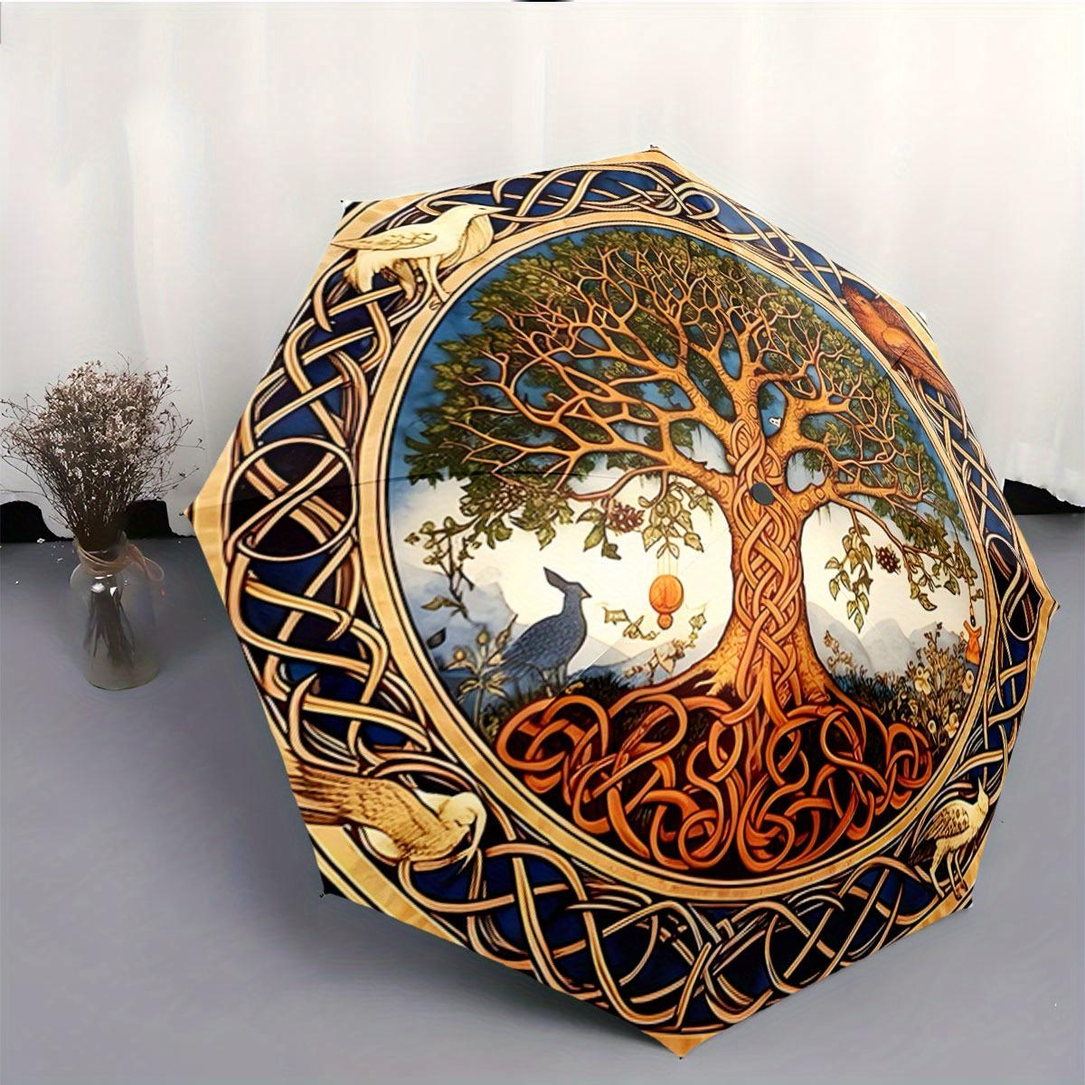 

Automatic Folding Umbrella The main pattern is a large tree with intricate roots, encircled by Celtic knot designs. Portable c Iron&8K