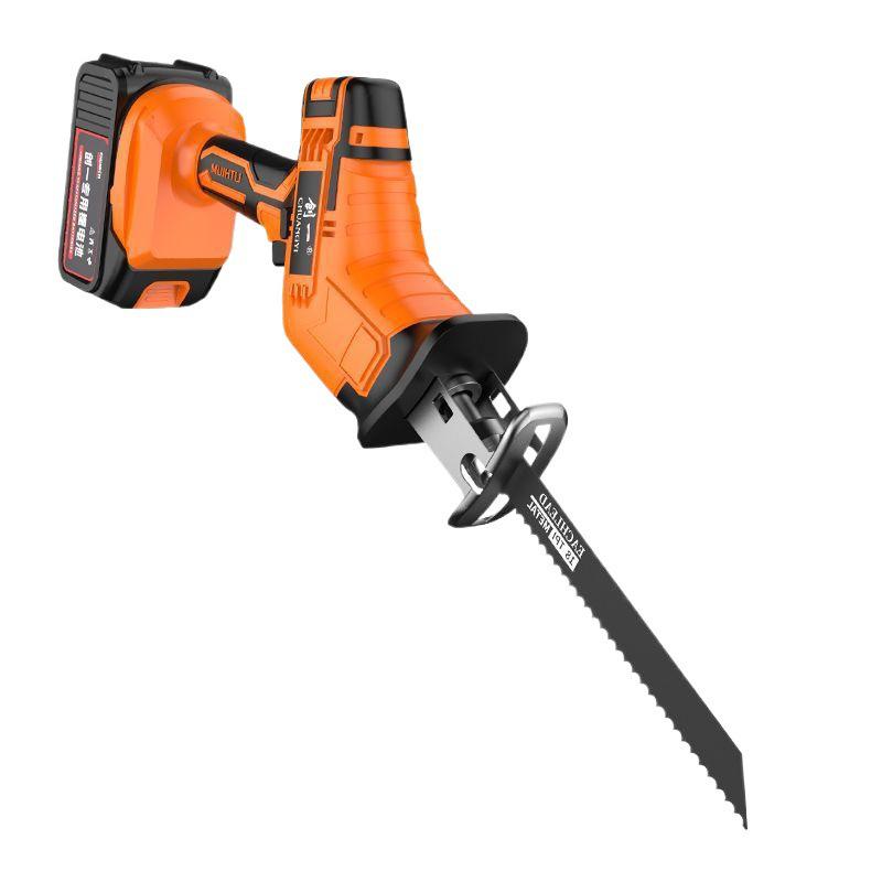 Rechargeable Handheld Electric Reciprocating Saw with Lithium Battery for Small Outdoor Cutting and Logging Tasks.