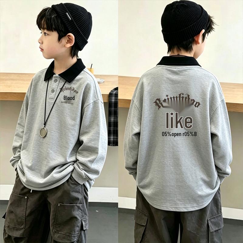 Color Block Korean Style Boys' Long Sleeve Polo Shirt - Patchwork Lapel T-shirt for Spring & Autumn (Ages 6-12)