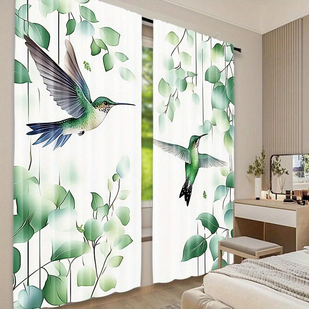 Hummingbird and Flowers Print Light-Filtering Curtain Panels 2 Piece Polyester Rod Pocket  Decorative Curtains for Bedroom