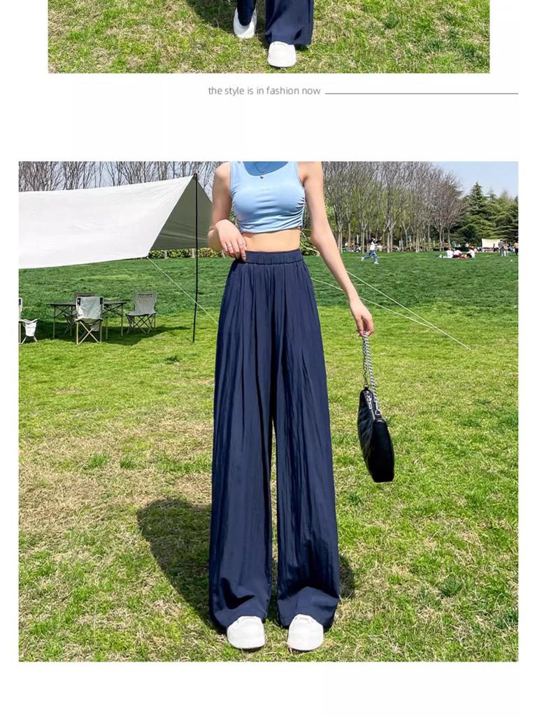 Women's Navy Blue Ice Silk Wide-Leg Pants: High-Waisted, Lightweight, Sun-Protective, Casual Trousers.