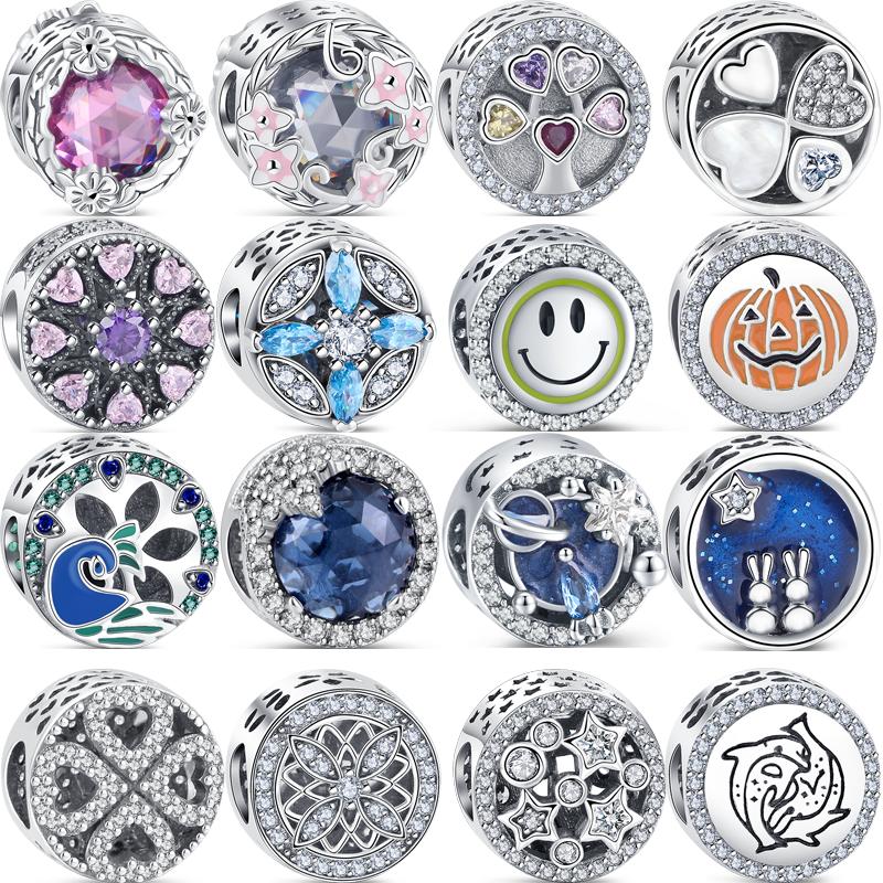 

925 Серебро Цветы Дельфины Звезды Небо Любовь Сердца Мощ Блестящие Круглые Бусины Подходят Оригинальные Подвески Браслет Женщины Девушки Украшения