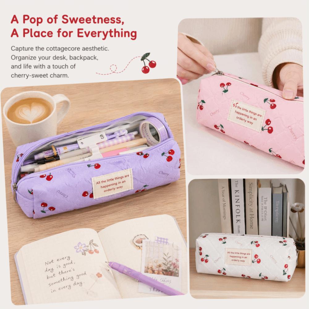 Cherry Print Pen Bag Large Capacity Pencil Pouch Stationery Organizer  School Office Supplies
