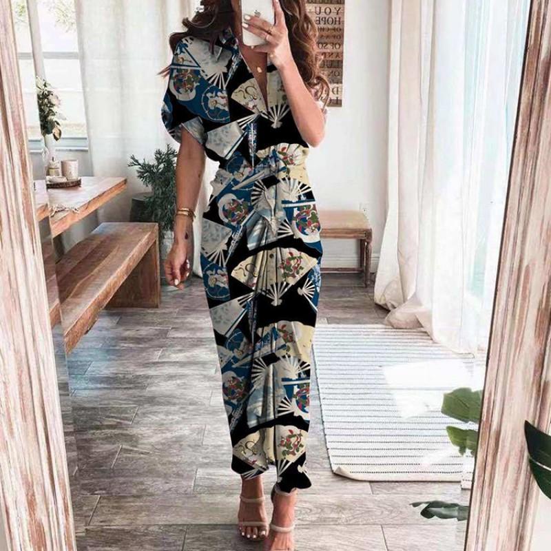 2026 Womens Elegant V-Neck Wrap Tie High-Waist Floral Print Long Dress Slim Fit Casual Office Wear