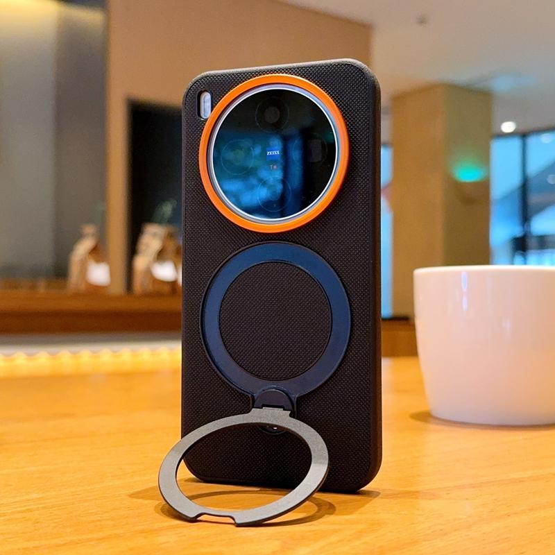 For Vivo X300 and Vivo X300 Pro Case Magnetic Metal 360° Rotation Holder Stand Grid Pattern Leather Good Grip Soft Back Cover