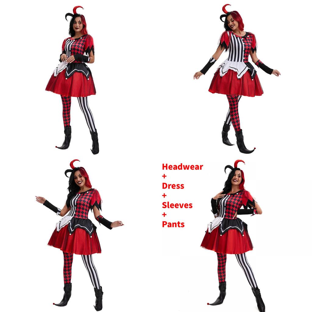 Halloween Female Clown Cosplay Outfit With Red Dress And Headpiece For Themed Parties