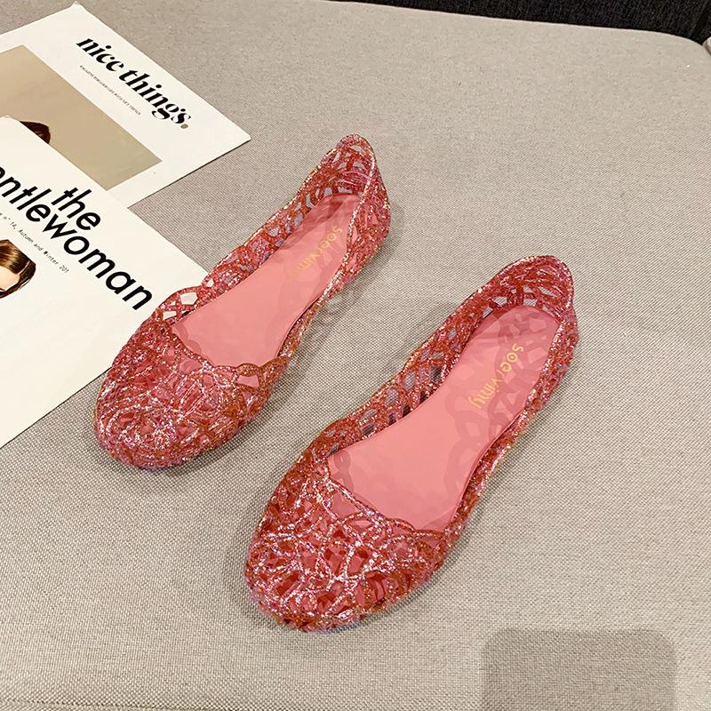 

Fashion Chic Summer bling cut out jelly shoes women flat rainproof sandales glitter jelly sandals paillette plastic sandalias mujer 2025 6.5 розовый