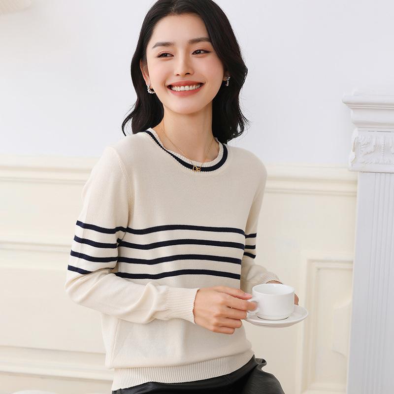 New Spring and Summer Pure Cotton Round Neck Long Sleeve Four-stripe Women's Simple Loose Casual Base Knit Sweater with Long Sleeves