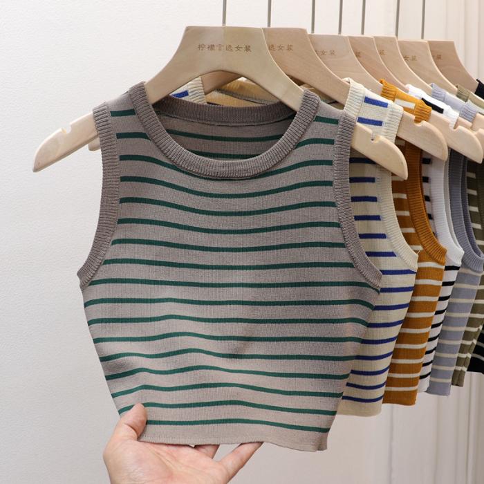 

Harajuku без рукавов женские эластичные укороченные топы для йоги универсальные топы-майки y2k kintted спортивные топы с круглым вырезом повседневные тонкие полосатые топы-майки лето one size темно-серого