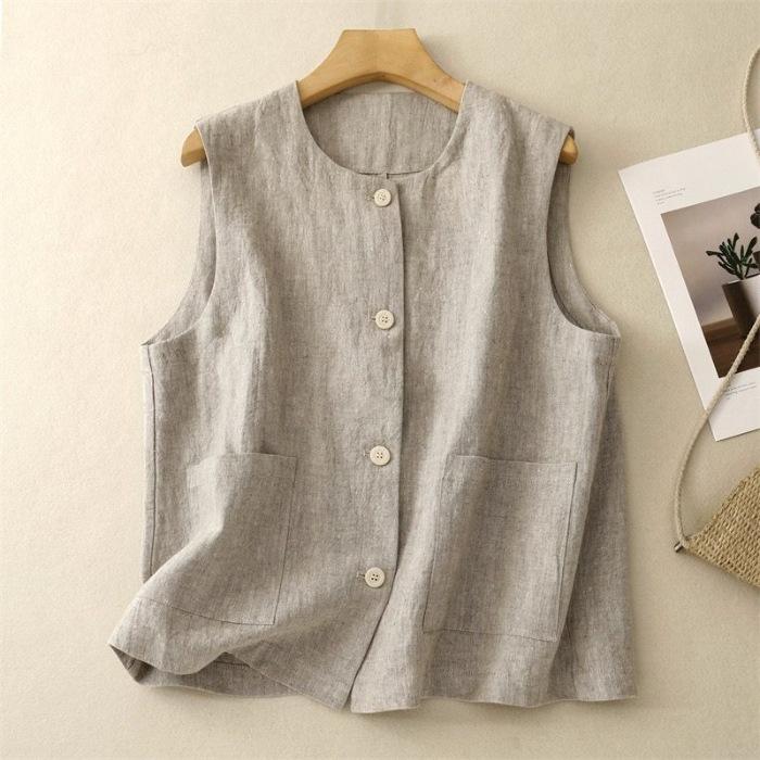 Women's Solid-Color Retro-Style Casual Cotton-Linen Tank Top: Loose-Fitting, Elegant Vest