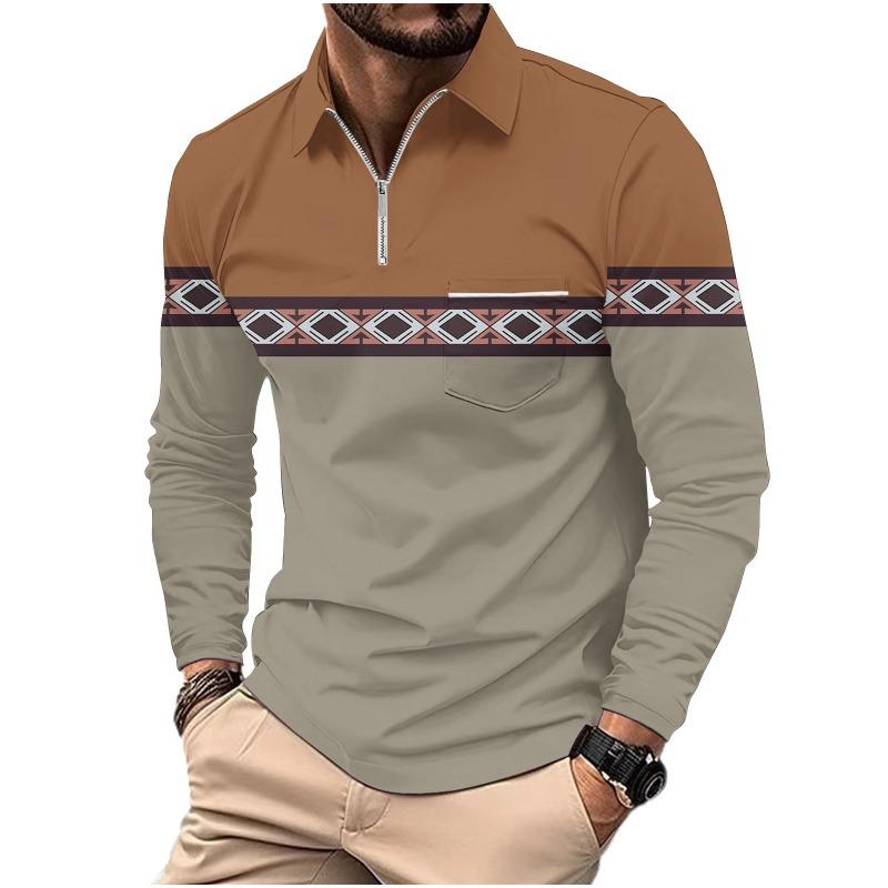 Men's Printed Polo Shirt with Zipper Pocket Sports Long Sleeved Polo Shirt