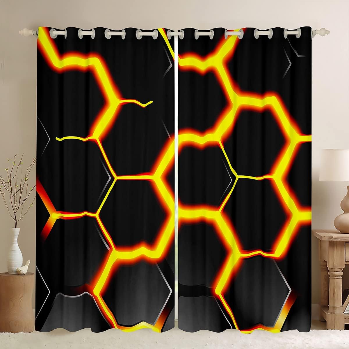 

Futurism Hexagonal Art Printed Curtain for Home Decor Rod Pocket Grommet Top Window Treatment for Bedroom Kitchen Living Room (W50cmxH130cm)x2&Grommet Top