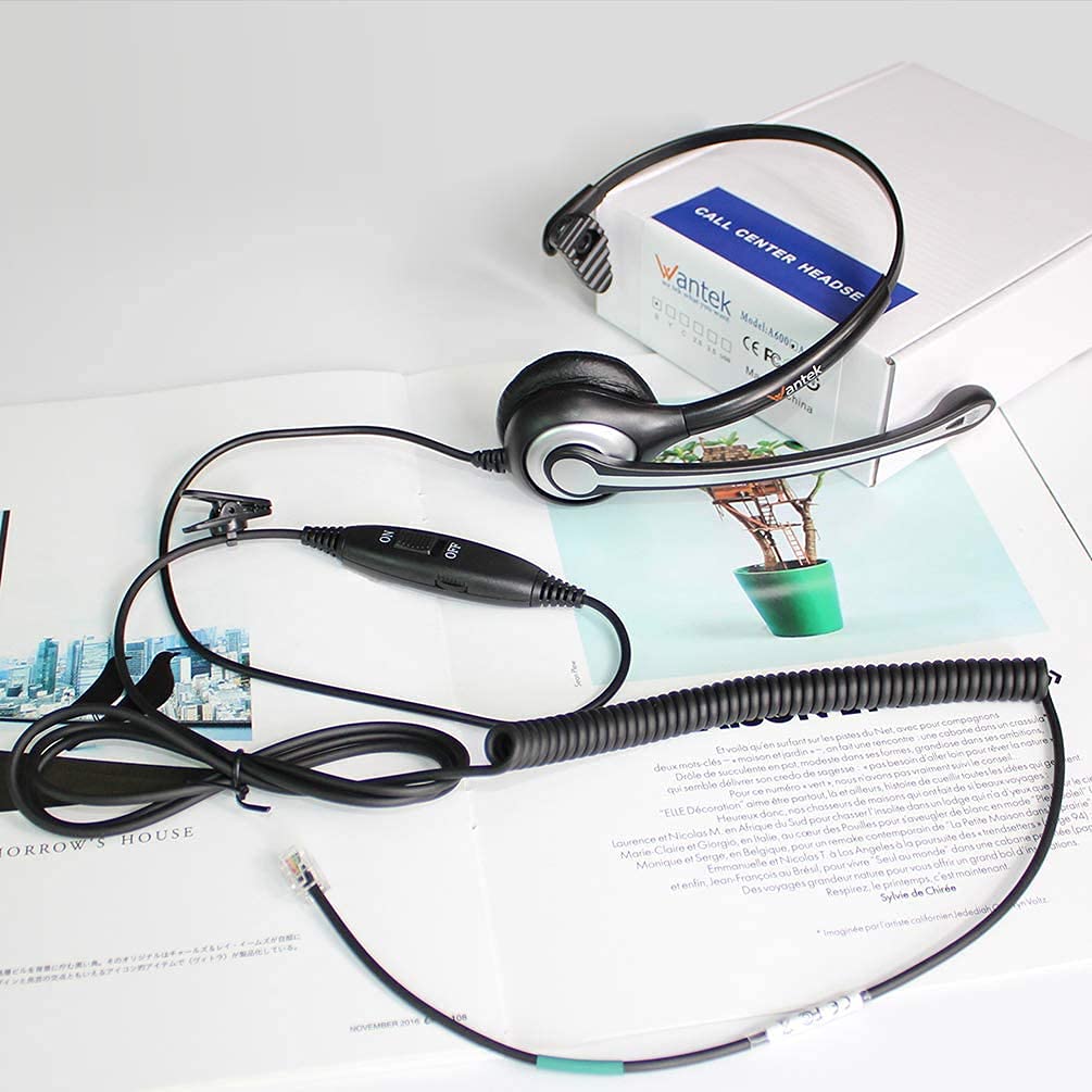 Telephone Headset, Single Ear, Noise-Canceling Microphone, Headphone for Landline Telephones, Wantek RJ9, Call Center Telephone Headset, Compatible Wi