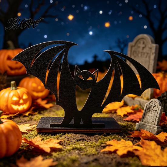 Halloween Horror Atmosphere Decor Bat Ornament, Solid Wood Tea Candle Holder, Classroom Spooky Decoration, for Desktop Electronic Candles Decorative