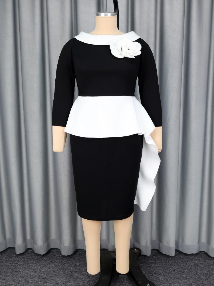 Elegant Women Black White Colorblock Bodycon Dress O Neck 3D Flower Peplum Draped Church Work Party Formal Occasions 2026 New