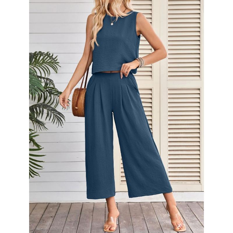 Women Summer Casual Sleeveless Vest Wide Leg Cropped Pants Two Piece Set
