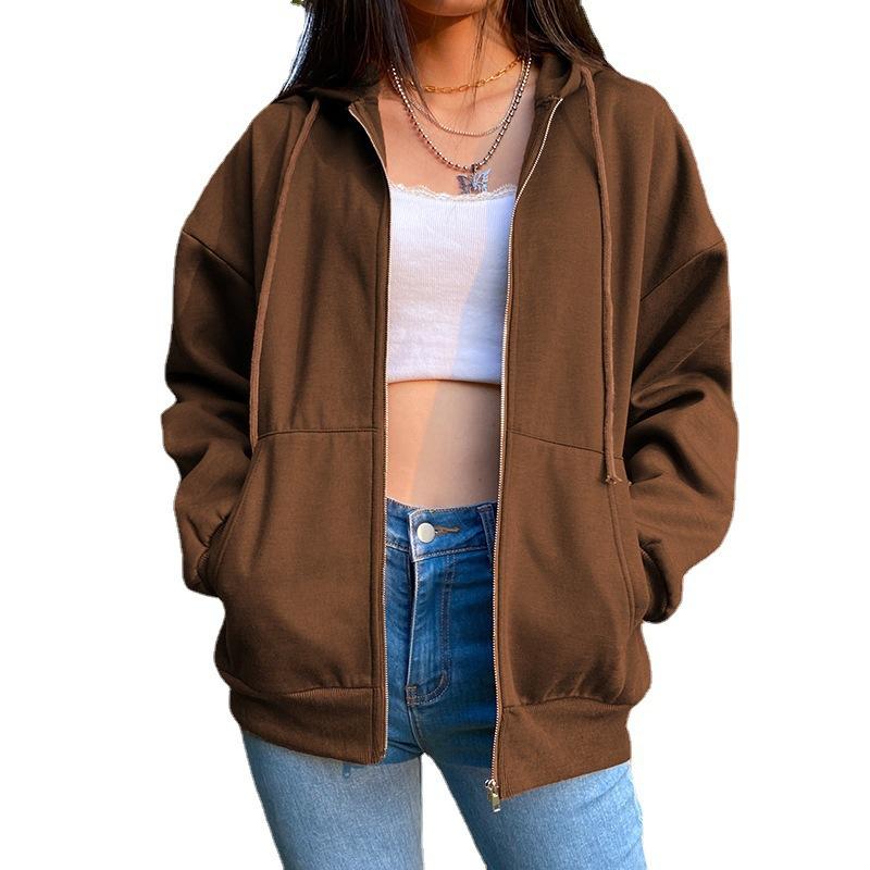 Women's Hooded Long Sleeve Sweatshirt Relaxed Fit Solid Color Zip Up Drawstring Pocket Jacket 2026 Autumn Street Casual Fleece Outerwear