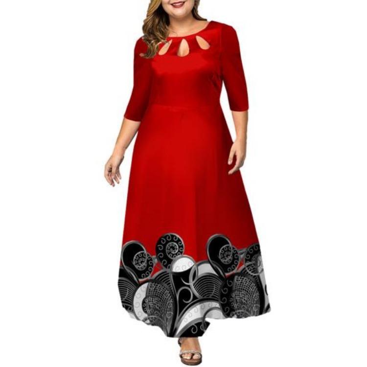 A Line High Waist Maxi Dress Printing Sleeve Loose Hem Hollow Out Gown 44989