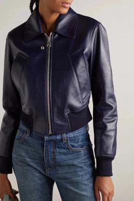 Elegante Chaqueta de Cuero Genuino de Cordero Azul Marino para Mujer Biker Motocicleta