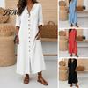 Polyester Dress Women Women's Summer Button Down Long Dress, Casual Loose V Fit Neck Tunic Roll Up Sleeve Vacation Lounge Outfits Everyday Wear