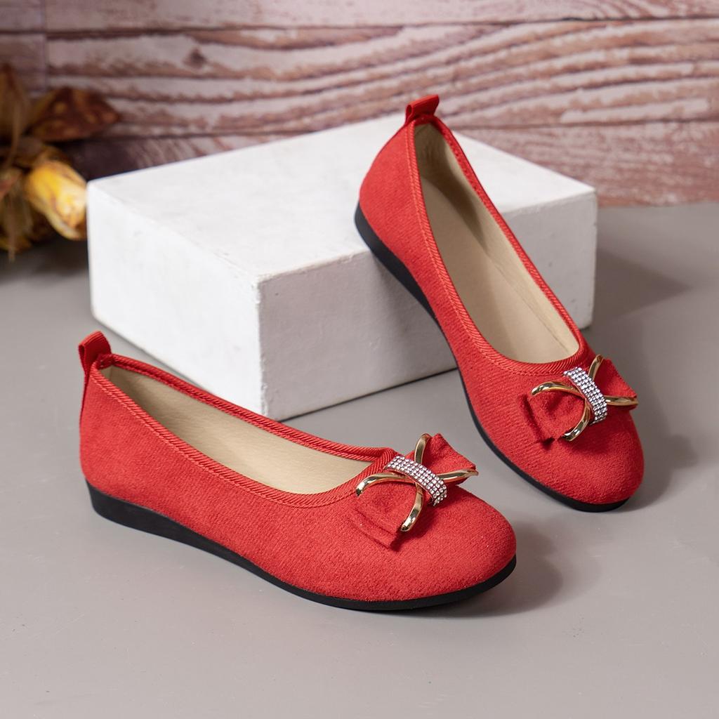 Large size flat single shoes women's new bow wedge heel low heel women's single shoes round head women's work shoes leather shoes