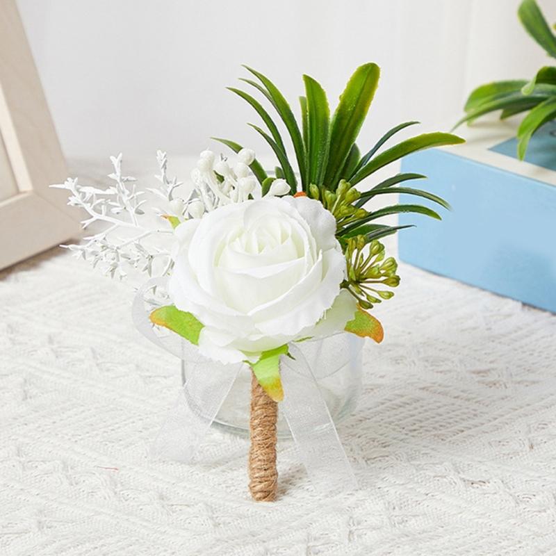 Pack of 6 White Artificial Rose Boutonniere Pin Elegant Bridals Brooch Wedding Groomsmen Accessories Suit Decoration